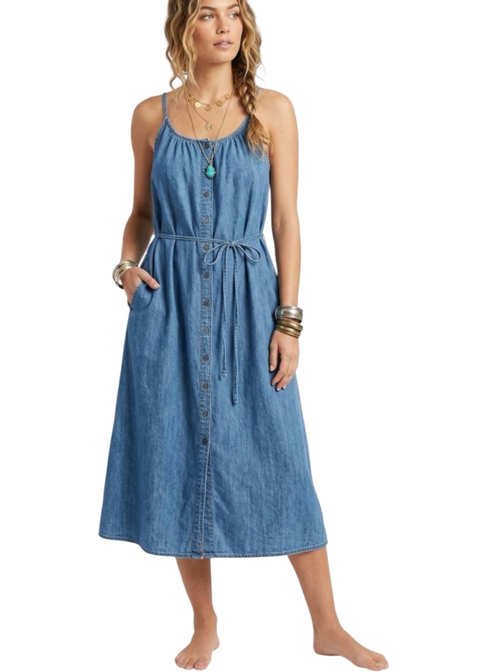 Gap Denim Chambray Cami Dress Button Down Tie Waist Midi Size Large NEW